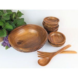 Vintage Hand Carved Wood Salad Bowl Set 10 Piece Polynesian Carved Wood Bowls